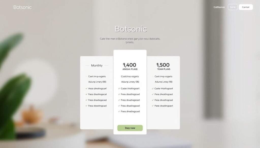 A modern, minimalist interface featuring an elegant pricing table with clear, distinct columns showcasing Botsonic's monthly, annual, and team plans. The table is set against a softly blurred background, perhaps a simple texture or gradient, allowing the pricing details to take center stage. The overall aesthetic is clean, professional, and visually appealing, with thoughtful use of typography, color, and layout to create a cohesive and informative display of Botsonic's pricing options.