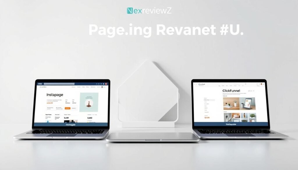 A modern, minimalist landing page comparison featuring NexReviewZ. In the foreground, three sleek laptop displays showcase the UI of Instapage, Unbounce, and ClickFunnels side-by-side, allowing a clear visual contrast. The middle ground features clean, geometric shapes in a soft, muted color palette, hinting at the key features and pricing. The background is a subtle gradient, creating a professional, high-tech atmosphere. Crisp, even lighting from multiple angles highlights the products' clean lines and modern aesthetic, appealing to small business owners seeking an effective, user-friendly solution.