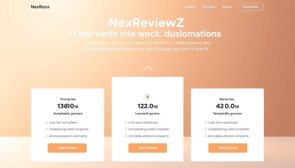 A modern, minimalist landing page showcasing the pricing plans for NexReviewZ, a cutting-edge AI-powered site builder tailored for small businesses. In the foreground, three distinct pricing tiers are displayed with clean, eye-catching icons and concise descriptions. The middle ground features a sleek, responsive layout with well-organized sections highlighting key features and benefits. The background radiates a soft, warm gradient that creates a sense of sophistication and approachability. Subtle animations draw the viewer's attention to important call-to-action buttons. The overall atmosphere conveys a balance of professionalism, affordability, and the transformative power of NexReviewZ's AI technology. A modern, minimalist landing page showcasing the pricing plans for NexReviewZ, a cutting-edge AI-powered site builder tailored for small businesses. In the foreground, three distinct pricing tiers are displayed with clean, eye-catching icons and concise descriptions. The middle ground features a sleek, responsive layout with well-organized sections highlighting key features and benefits. The background radiates a soft, warm gradient that creates a sense of sophistication and approachability. Subtle animations draw the viewer's attention to important call-to-action buttons. The overall atmosphere conveys a balance of professionalism, affordability, and the transformative power of NexReviewZ's AI technology.