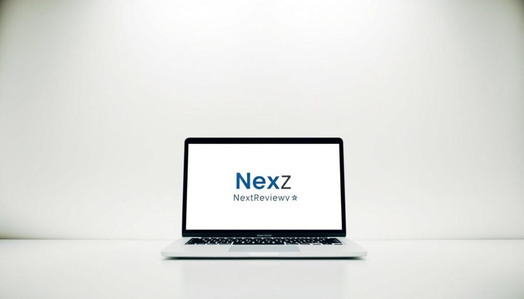 A modern, minimalist landing page with a clean, white background. In the foreground, a laptop displaying the NexReviewZ logo, showcasing a sleek, professional design. In the middle ground, various icons representing features like customizable templates, A/B testing, and lead capture. The background features a subtle grid pattern, conveying a sense of structure and organization. Soft, directional lighting illuminates the scene, creating a warm, welcoming atmosphere. The overall mood is one of simplicity, efficiency, and user-friendliness, tailored to the needs of small business owners seeking a powerful yet accessible landing page solution.