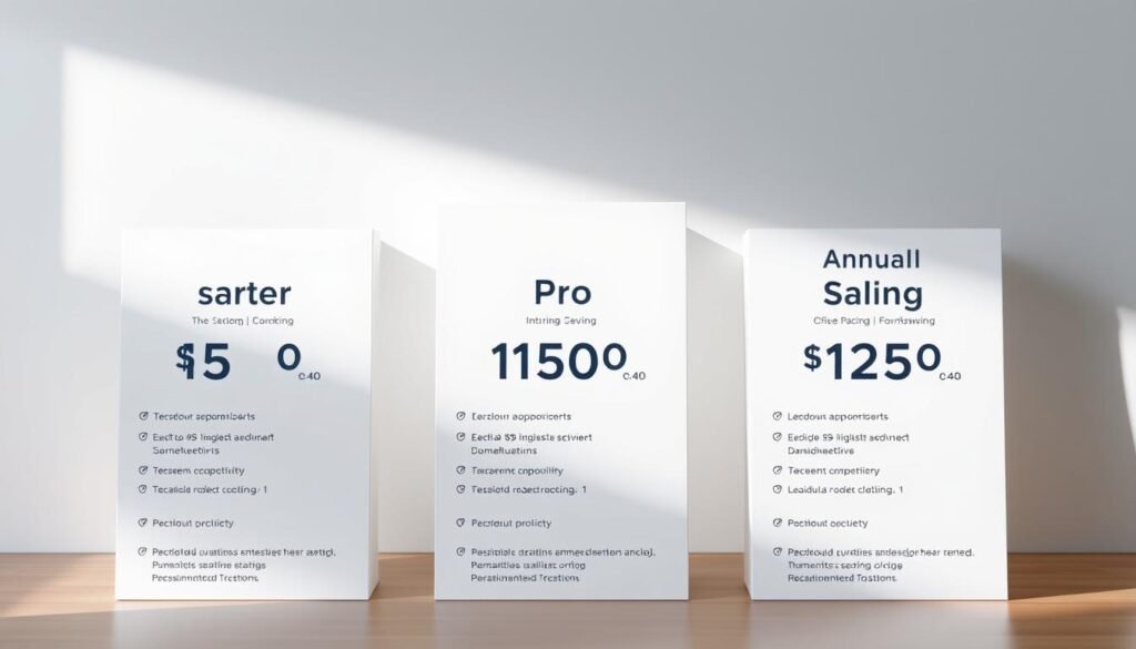 A modern, minimalist layout showcasing NexReviewZ's Starter, Pro, and Annual Savings pricing plans. The foreground features clean, well-organized plan details with intuitive icons and clear pricing breakdowns. The middle ground has a subtle, gradient-infused background that complements the brand's aesthetic. Soft, directional lighting casts a professional, trustworthy atmosphere, while the camera angle presents the information in an inviting, easy-to-digest manner. The overall mood is one of simplicity, clarity, and value, catering to small business owners seeking a cost-effective email marketing solution. A modern, minimalist layout showcasing NexReviewZ's Starter, Pro, and Annual Savings pricing plans. The foreground features clean, well-organized plan details with intuitive icons and clear pricing breakdowns. The middle ground has a subtle, gradient-infused background that complements the brand's aesthetic. Soft, directional lighting casts a professional, trustworthy atmosphere, while the camera angle presents the information in an inviting, easy-to-digest manner. The overall mood is one of simplicity, clarity, and value, catering to small business owners seeking a cost-effective email marketing solution.