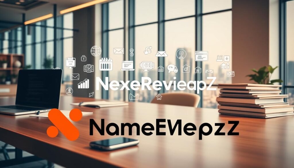 A modern, minimalist office setting with a laptop, smartphone, and stacks of paperwork on a sleek, wooden desk. The space is illuminated by warm, natural lighting from large windows, creating a productive and inviting atmosphere. In the foreground, the NexReviewZ logo is prominently displayed, highlighting the brand's focus on providing reliable web services for small businesses. The middle ground features various productivity icons and graphics, emphasizing Namecheap's features like domain registration, web hosting, and online marketing tools. The background showcases a cityscape with skyscrapers, symbolizing the growth and success of small enterprises supported by Namecheap's services. A modern, minimalist office setting with a laptop, smartphone, and stacks of paperwork on a sleek, wooden desk. The space is illuminated by warm, natural lighting from large windows, creating a productive and inviting atmosphere. In the foreground, the NexReviewZ logo is prominently displayed, highlighting the brand's focus on providing reliable web services for small businesses. The middle ground features various productivity icons and graphics, emphasizing Namecheap's features like domain registration, web hosting, and online marketing tools. The background showcases a cityscape with skyscrapers, symbolizing the growth and success of small enterprises supported by Namecheap's services.