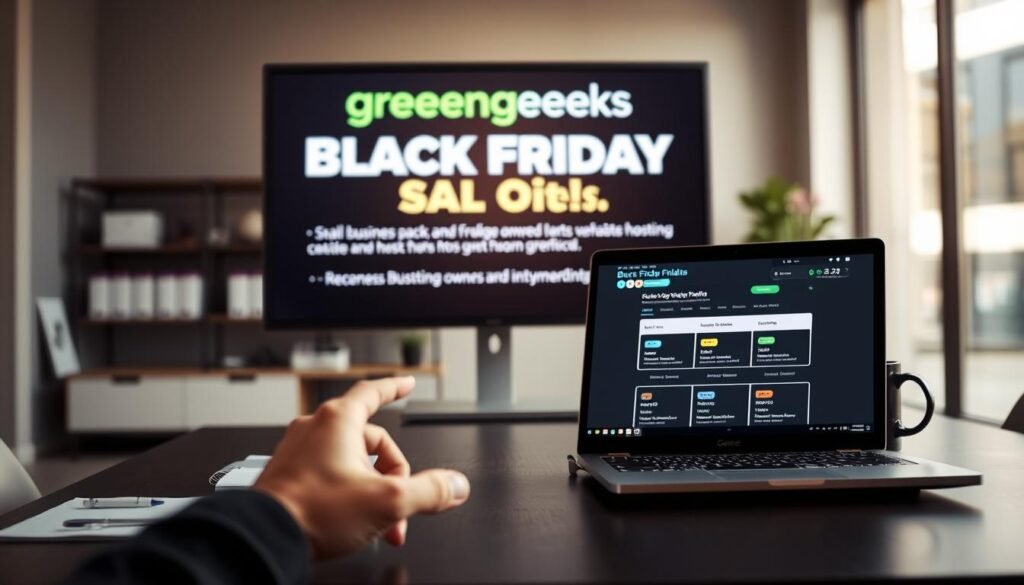 A modern, minimalist office setting with a large screen displaying "greengeeks Black Friday Deals". On the desk, an open laptop showcases greengeeks' hosting plans and discounts. Natural light floods the space, creating a warm, inviting atmosphere. The foreground features a hand gesturing towards the screen, emphasizing the enticing deals. The middle ground includes office accessories like a pen, notebook, and coffee mug, suggesting an efficient, professional work environment. The background blurs softly, keeping the focus on the central hosting promotion. The overall mood is one of excitement and opportunity, tailored to appeal to small business owners and website beginners seeking greengeeks' unbeatable Black Friday hosting discounts.