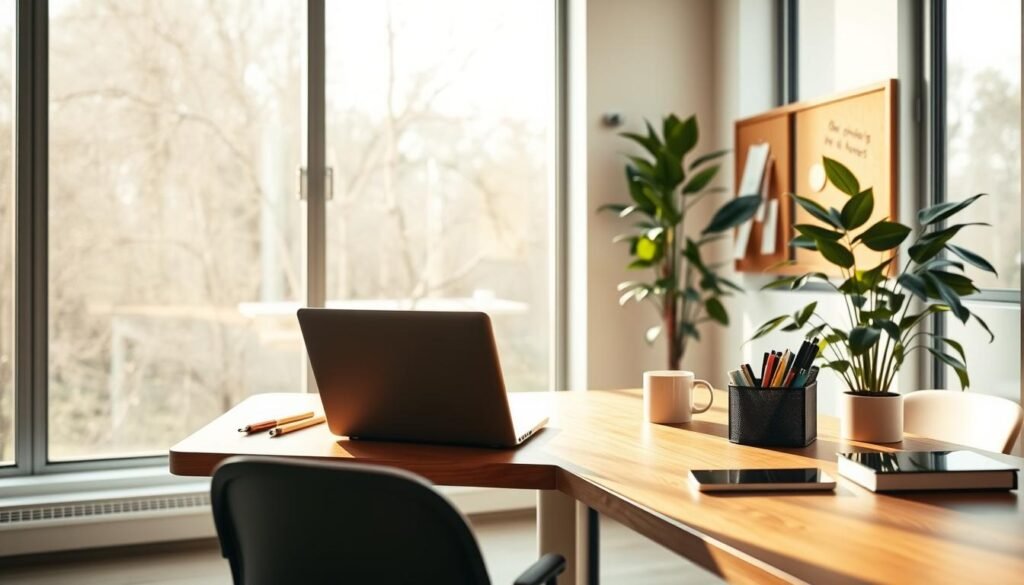 A modern, minimalist office space with large windows, allowing natural light to pour in. On a sleek wooden desk, a laptop sits open, surrounded by neatly organized stationery and a steaming mug of coffee. The walls are adorned with a stylish corkboard displaying a few motivational notes and reminders, creating a productive atmosphere. The room is bathed in a warm, soft lighting that highlights the clean, clutter-free workspace, conveying a sense of focus and efficiency. In the background, a lush indoor plant adds a touch of natural vibrancy, complementing the overall aesthetic. This image captures the essence of writing productivity for a small business, ready to be featured in the "Key benefits for small businesses using Paperpal" section of the affiliate article. A modern, minimalist office space with large windows, allowing natural light to pour in. On a sleek wooden desk, a laptop sits open, surrounded by neatly organized stationery and a steaming mug of coffee. The walls are adorned with a stylish corkboard displaying a few motivational notes and reminders, creating a productive atmosphere. The room is bathed in a warm, soft lighting that highlights the clean, clutter-free workspace, conveying a sense of focus and efficiency. In the background, a lush indoor plant adds a touch of natural vibrancy, complementing the overall aesthetic. This image captures the essence of writing productivity for a small business, ready to be featured in the "Key benefits for small businesses using Paperpal" section of the affiliate article.
