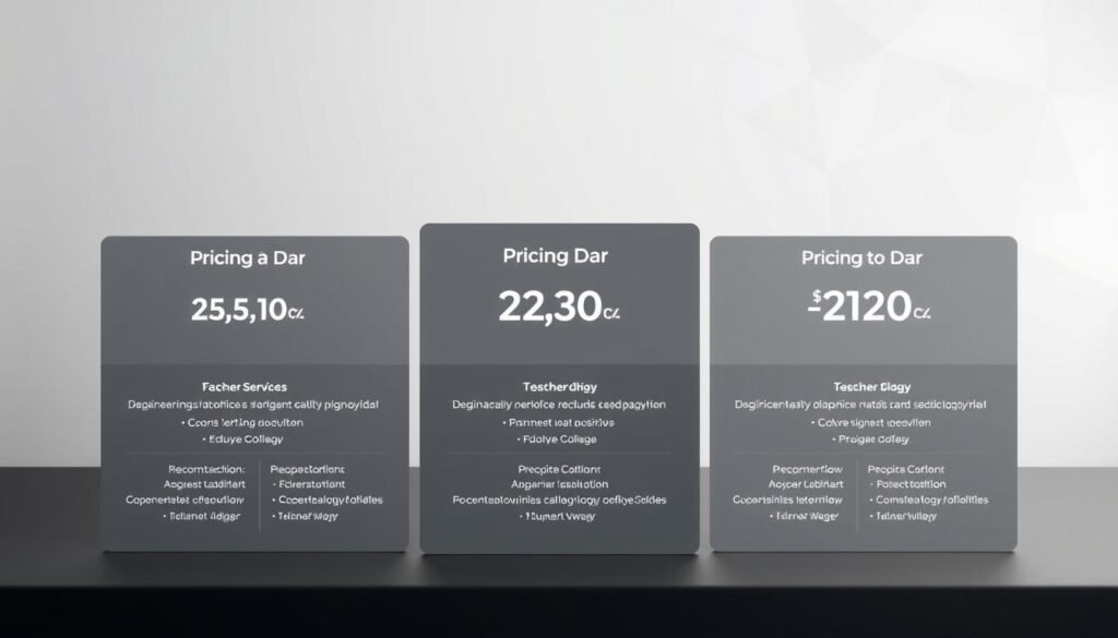 A modern, minimalist table featuring the ExtraCompany1 pricing plans and tiers. In the foreground, sleek, monochrome shapes outline the different service levels, each with its own distinct style and functionality. The middle ground showcases subtle gradients and clean lines, creating a sense of depth and organization. In the background, a soft, atmospheric lighting sets a professional, yet approachable tone, highlighting the key details of the plans. The overall composition conveys a sense of clarity, sophistication, and the value proposition for small businesses.