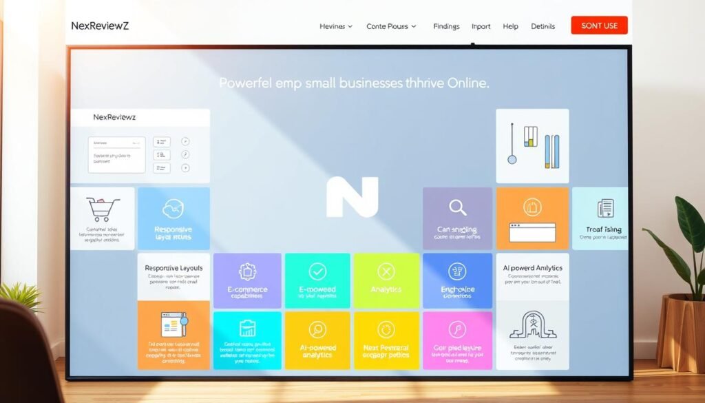 A modern, minimalist web design with clean lines and a sleek aesthetic. A central NexReviewZ logo commands attention, surrounded by a grid of colorful, intuitive website features - responsive layout, e-commerce capabilities, AI-powered analytics, and more. The scene is bathed in warm, natural lighting, creating a welcoming, professional atmosphere. The overall impression is one of a powerful, yet user-friendly platform that empowers small businesses to thrive online.