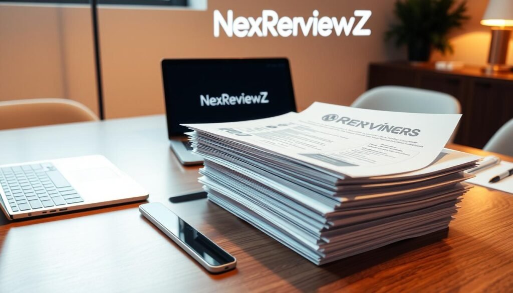 A modern office desk with a laptop, a tablet, and a stack of form documents arranged neatly. The desk is illuminated by soft, warm lighting, creating a professional and inviting atmosphere. In the background, a minimalist NexReviewZ logo is subtly displayed, hinting at the business-focused nature of the scene. The overall composition suggests the ease and efficiency of managing form submissions, catering to the needs of small business owners seeking a comprehensive solution like Tally.so. A modern office desk with a laptop, a tablet, and a stack of form documents arranged neatly. The desk is illuminated by soft, warm lighting, creating a professional and inviting atmosphere. In the background, a minimalist NexReviewZ logo is subtly displayed, hinting at the business-focused nature of the scene. The overall composition suggests the ease and efficiency of managing form submissions, catering to the needs of small business owners seeking a comprehensive solution like Tally.so.