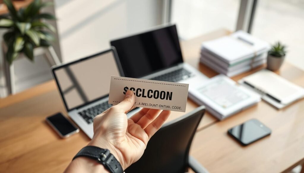 A modern office desk with a laptop, smartphone, and a stack of documents. In the foreground, a hand is holding up a coupon or discount code against the backdrop of the work items. The lighting is bright and natural, with a clean, minimalist aesthetic. The focus is on the motion discount claim, conveying a sense of efficiency and cost-saving for freelancers working on the go. The overall atmosphere is professional, organized, and inviting, reflecting the article's subject and the section title.