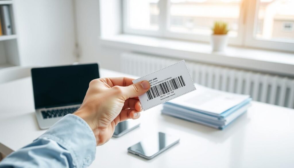 A modern office desk with a laptop, smartphone, and neatly stacked papers. In the foreground, a person's hand holds a coupon or discount code, the barcode clearly visible. The scene is brightly lit from a window in the background, creating a clean, professional atmosphere. The desk is organized, with a minimalist aesthetic, emphasizing the focus on the coupon. The overall mood conveys efficiency, productivity, and the ease of claiming a discount or coupon for a pricing plan.