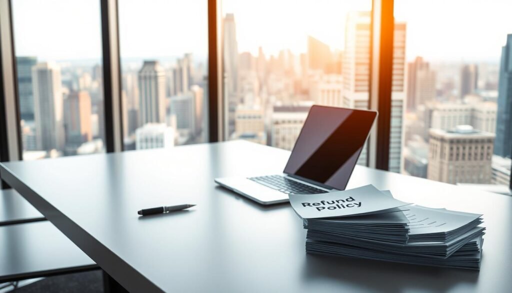 A modern office desk with a sleek, minimalist design. On the desk, a laptop, a pen, and a stack of documents labeled "Refund Policy". Behind the desk, a large window overlooking a bustling city skyline, bathed in warm, golden light. The overall atmosphere conveys a sense of professionalism and attention to detail, reflecting the importance of the refund policy for the ecommerce business.