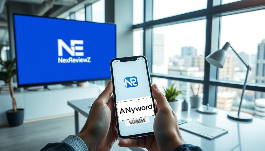 A modern office interior with a computer screen displaying the NexReviewZ brand logo. In the foreground, a business person's hands hold a smartphone, showcasing a digital coupon or discount code for "Anyword" prominently displayed. The middle ground features a minimalist desk with a stylish lamp, potted plant, and other office supplies, creating a professional and productive atmosphere. The background has large windows letting in natural light, with a cityscape visible outside, suggesting a urban, corporate setting. The overall mood is one of productivity, opportunity, and accessible business solutions.