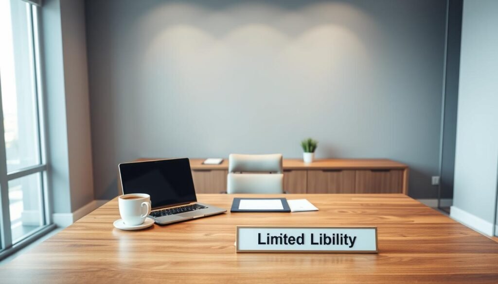 A modern office interior with a large wooden desk, a laptop, a cup of coffee, and a nameplate that reads "Limited Liability". The desk is neatly organized, with a few carefully placed documents and a small potted plant. The lighting is soft and diffused, creating a professional and authoritative atmosphere. The background is a subtle gradient, transitioning from a warm gray to a slightly cooler tone, with a hint of texture to add depth. The overall composition conveys the concept of a well-structured, legally protected business entity.