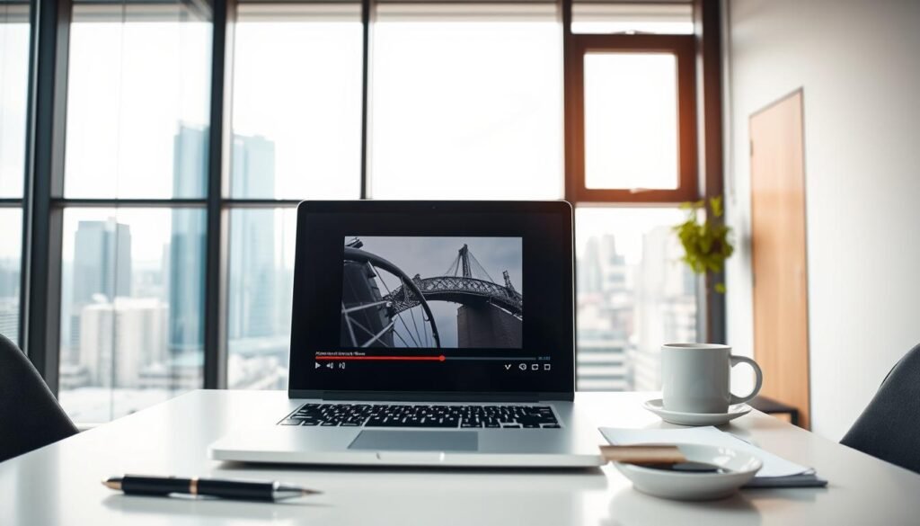 A modern office setting, with a sleek and minimalist design. In the foreground, a laptop screen displays a video player interface, showcasing a short, polished video clip. The lighting is soft and natural, casting a warm glow on the scene. The middle ground features a neatly organized workspace, with a pen, notepad, and a cup of coffee, suggesting the productive use of the video. In the background, a large window offers a panoramic view of a bustling cityscape, hinting at the global reach and versatility of the video content. The overall atmosphere is one of efficiency, professionalism, and a focus on visual storytelling. A modern office setting, with a sleek and minimalist design. In the foreground, a laptop screen displays a video player interface, showcasing a short, polished video clip. The lighting is soft and natural, casting a warm glow on the scene. The middle ground features a neatly organized workspace, with a pen, notepad, and a cup of coffee, suggesting the productive use of the video. In the background, a large window offers a panoramic view of a bustling cityscape, hinting at the global reach and versatility of the video content. The overall atmosphere is one of efficiency, professionalism, and a focus on visual storytelling.