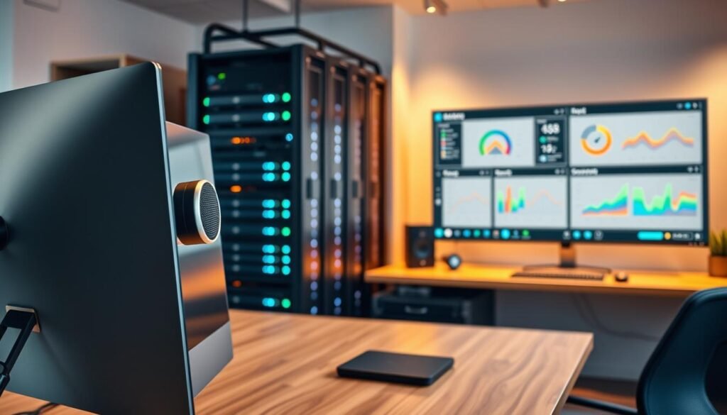 A modern office space with NexReviewZ's innovative hosting features prominently displayed. In the foreground, a sleek desktop computer, a high-definition webcam, and a professional-grade microphone capture the essential tools for remote work and video conferencing. The middle ground showcases a custom-built server rack, highlighting the robust infrastructure powering the hosting services. In the background, a large monitor displays analytics dashboards, showcasing the comprehensive monitoring and performance-tracking capabilities. The lighting is warm and inviting, creating a productive and empowering atmosphere for small business owners to thrive. A modern office space with NexReviewZ's innovative hosting features prominently displayed. In the foreground, a sleek desktop computer, a high-definition webcam, and a professional-grade microphone capture the essential tools for remote work and video conferencing. The middle ground showcases a custom-built server rack, highlighting the robust infrastructure powering the hosting services. In the background, a large monitor displays analytics dashboards, showcasing the comprehensive monitoring and performance-tracking capabilities. The lighting is warm and inviting, creating a productive and empowering atmosphere for small business owners to thrive.