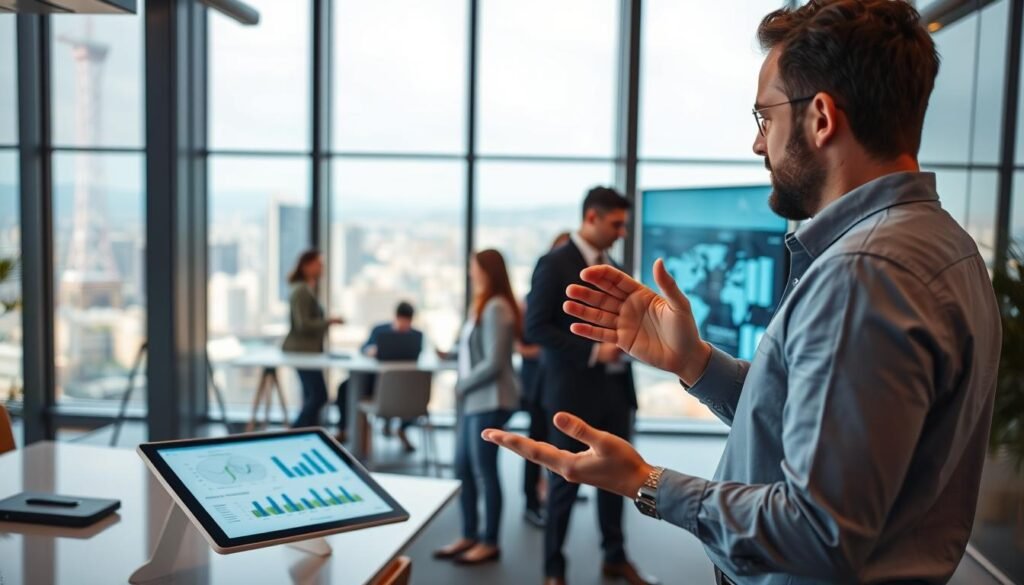 A modern office space with a focus on motion-driven productivity. In the foreground, a small business owner gestures animatedly while reviewing digital reports on a sleek, responsive tablet. The middle ground features a team of colleagues collaborating around a large touchscreen display, their movements fluid and intuitive. In the background, an expansive window offers a vista of a bustling city, hinting at the global reach enabled by seamless motion technology. Warm, diffused lighting casts a professional, goal-oriented ambiance. The scene conveys the key benefits of motion apps for small businesses: enhanced collaboration, data-driven decision making, and an agile, connected workforce poised for growth.