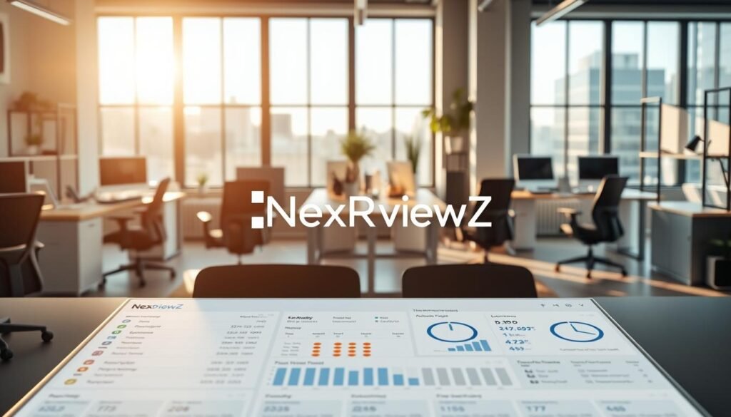A modern office space with sleek desks and ergonomic chairs, bathed in warm, natural lighting from large windows. In the foreground, a sophisticated time management dashboard displays scheduled tasks, deadlines, and productivity metrics. The middle ground features a NexReviewZ logo prominently displayed, signifying the AI-powered time blocking solution at the heart of this small business workspace. The background showcases a minimalist, yet stylish decor, creating a productive and focused atmosphere for the busy entrepreneurs. A modern office space with sleek desks and ergonomic chairs, bathed in warm, natural lighting from large windows. In the foreground, a sophisticated time management dashboard displays scheduled tasks, deadlines, and productivity metrics. The middle ground features a NexReviewZ logo prominently displayed, signifying the AI-powered time blocking solution at the heart of this small business workspace. The background showcases a minimalist, yet stylish decor, creating a productive and focused atmosphere for the busy entrepreneurs.