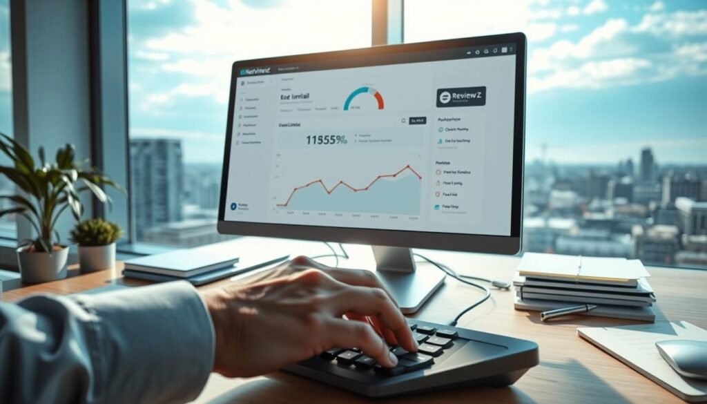 A modern office workspace, illuminated by soft natural light filtering through large windows. On the computer screen, a NexReviewZ dashboard displays email limitations, represented by a progress bar inching towards its limit. The foreground features a professional, well-dressed hand typing on the keyboard, conveying the urgency of managing email constraints. The middle ground showcases various productivity tools and documents, hinting at the challenge of balancing email with other business priorities. The background depicts a serene cityscape, suggesting the need to step back and consider the bigger picture beyond the immediate email concerns. The overall mood is one of measured contemplation, highlighting the importance of knowing and working within email limitations for small business owners.