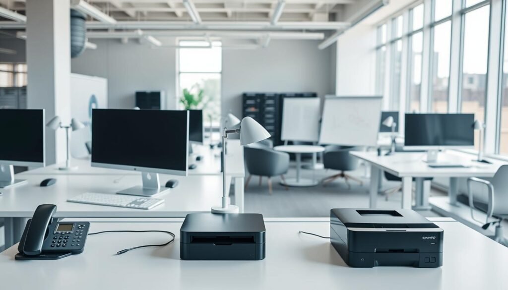 A modern office workspace with a sleek, minimalist design. Bright and airy, with natural light streaming in through large windows. Rows of clean, minimalist desks, each equipped with a high-resolution monitor, a wireless mouse and keyboard, and a stylish desk lamp. In the foreground, a selection of productivity-boosting features is displayed, including a sleek conference phone, a high-quality webcam, and a compact printer/scanner. The middle ground showcases collaborative tools like a large, interactive whiteboard and comfortable seating for team meetings. The background hints at additional capabilities, such as a server rack, secure storage, and advanced networking equipment. The overall scene conveys a sense of efficiency, scalability, and the tools necessary to support a growing business.