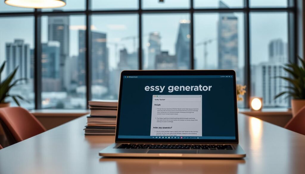 A modern office workspace with a sleek, minimalist design. In the foreground, a laptop screen displays an "essay generator" interface, its clean lines and intuitive layout suggesting a user-friendly experience. The middle ground features a stack of documents and notepads, hinting at the broader applications of such a tool beyond academic writing. Soft, indirect lighting casts a warm, productive glow, creating an atmosphere of focused creativity. The background showcases a large window overlooking a bustling city skyline, underscoring the versatility and adaptability of the "essay generator" for content creators in various settings.