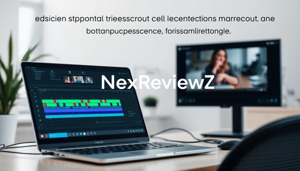 A modern, professional video editing workstation, with a high-resolution display, a powerful laptop or desktop computer, and a sleek, minimalist design. The foreground features a range of video editing tools, including a timeline, color grading sliders, and various effects. The middle ground showcases the NexReviewZ brand, subtly integrated into the scene. The background depicts a minimalist, clean office environment, with natural lighting and a sense of focus and productivity. The overall mood is one of efficiency, creativity, and a premium experience tailored for small business owners.