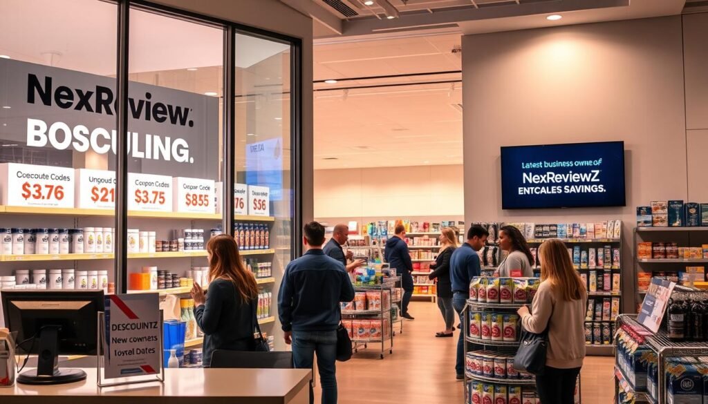 A modern retail storefront with a large window display showcasing a range of discounted products from the NexReviewZ brand. In the foreground, a cashier's counter with a point-of-sale terminal and a "Discounts Available" sign. Customers browsing the aisles, examining the discounted items. Soft, warm lighting illuminates the scene, creating a welcoming atmosphere. The middle ground features shelves stocked with a variety of NexReviewZ products, each with prominent discount tags. In the background, a wall-mounted digital display advertising the latest NexReviewZ coupon codes and promotional offers. The overall scene conveys a sense of excitement and opportunity for small business owners seeking to maximize their savings. A modern retail storefront with a large window display showcasing a range of discounted products from the NexReviewZ brand. In the foreground, a cashier's counter with a point-of-sale terminal and a "Discounts Available" sign. Customers browsing the aisles, examining the discounted items. Soft, warm lighting illuminates the scene, creating a welcoming atmosphere. The middle ground features shelves stocked with a variety of NexReviewZ products, each with prominent discount tags. In the background, a wall-mounted digital display advertising the latest NexReviewZ coupon codes and promotional offers. The overall scene conveys a sense of excitement and opportunity for small business owners seeking to maximize their savings.