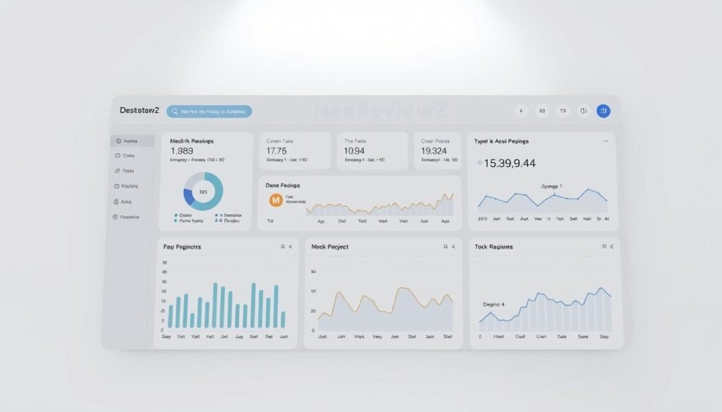 A modern, sleek NexReviewZ dashboard displays an intuitive tracking interface. Crisp icons and clean data visualizations highlight key metrics, guiding the user's gaze. Smooth animations draw the eye, while subtle gradients and muted tones convey a sense of focus and professionalism. Soft lighting from above casts a gentle glow, creating depth and dimensionality. The layout is balanced, with ample whitespace to prevent clutter. An elegant, minimalist aesthetic reflects the precision and clarity of the NexReviewZ platform, empowering small business owners to uncover valuable insights at a glance.