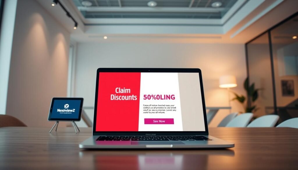 A modern, sleek email marketing campaign featuring the NexReviewZ brand. In the foreground, a laptop screen displays a vibrant "Claim Discounts" email, with bold, enticing typography and a prominent CTA button. The middle ground showcases a smart device displaying the NexReviewZ logo, hinting at the brand's tech-savvy approach. The background is a minimalist office setting, with clean lines, warm lighting, and a sense of professionalism. The overall atmosphere conveys a message of efficiency, reliability, and the opportunity to save through NexReviewZ's email marketing offerings.