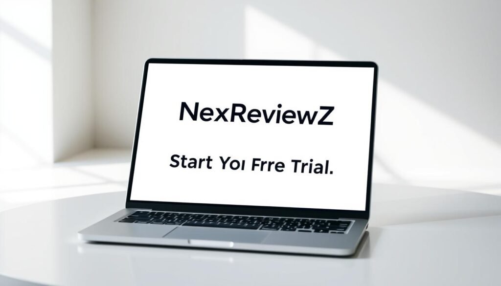 A modern, sleek laptop sitting on a minimalist desk, surrounded by clean white space. The laptop screen displays the NexReviewZ logo, inviting the viewer to "Start Your Free Trial" in bold text. The lighting is soft and directional, creating subtle shadows that accentuate the device's form. The composition is balanced, with the laptop positioned slightly off-center to create visual interest. The overall mood is professional, accessible, and inspiring, encouraging small business owners to take action and explore the NexReviewZ platform.