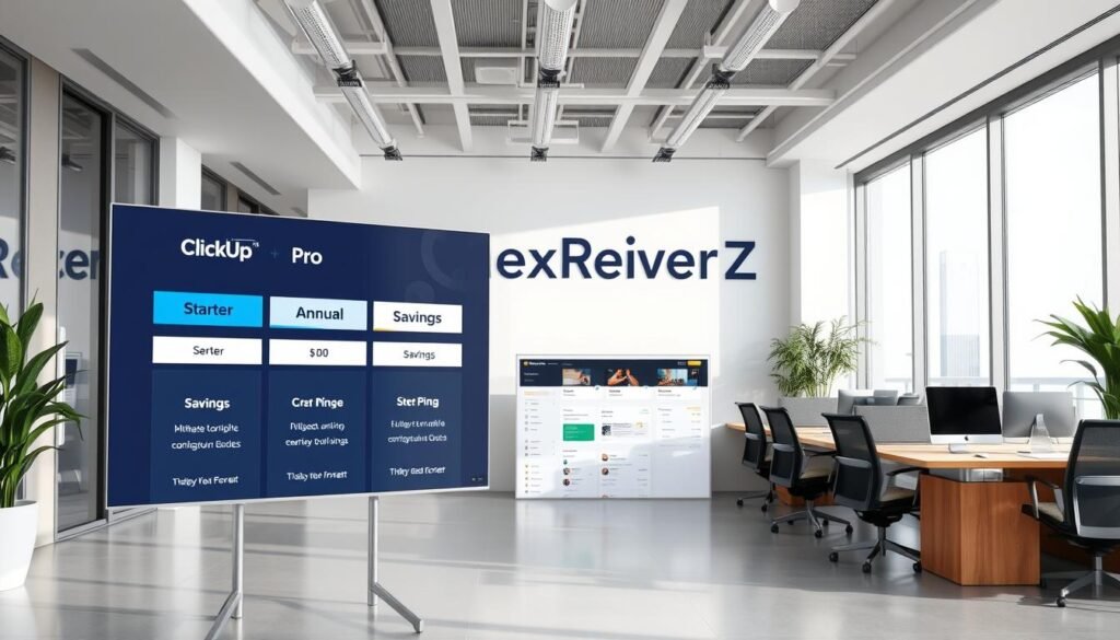 A modern, sleek office interior with ample natural lighting. In the foreground, a large display showcases the "ClickUp Pricing" plan options, including Starter, Pro, and Annual Savings. The middle ground features a well-designed, minimal user interface with clearly labeled sections. In the background, a large NexReviewZ logo subtly anchors the scene, conveying a sense of authority and trust. The overall atmosphere is professional, inviting, and designed to appeal to small business owners seeking a comprehensive productivity solution.