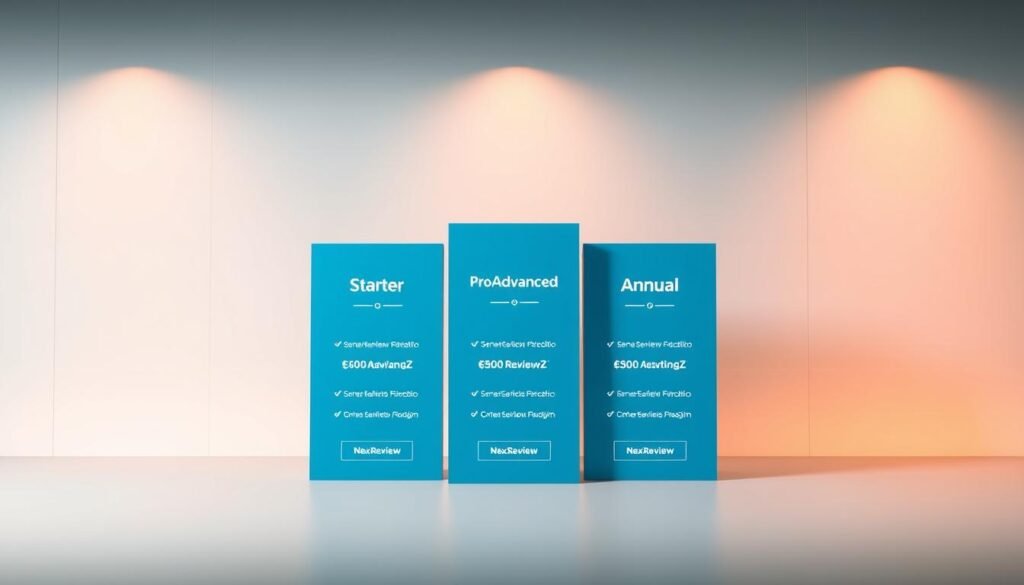 A modern, sleek pricing table with three distinct tiers - Starter, Pro/Advanced, and an annual savings option. Set against a minimalist background with subtle grid lines and a soft blue-gray color palette to convey a sense of professionalism and trustworthiness. The Starter tier is displayed in the foreground, with the Pro/Advanced and annual savings tiers receding into the middle and background respectively, creating depth and visual hierarchy. The pricing information is presented in a clean, easy-to-read format, with the NexReviewZ brand name subtly integrated into the design. Warm studio lighting casts gentle shadows, adding depth and dimensionality to the scene. A modern, sleek pricing table with three distinct tiers - Starter, Pro/Advanced, and an annual savings option. Set against a minimalist background with subtle grid lines and a soft blue-gray color palette to convey a sense of professionalism and trustworthiness. The Starter tier is displayed in the foreground, with the Pro/Advanced and annual savings tiers receding into the middle and background respectively, creating depth and visual hierarchy. The pricing information is presented in a clean, easy-to-read format, with the NexReviewZ brand name subtly integrated into the design. Warm studio lighting casts gentle shadows, adding depth and dimensionality to the scene.