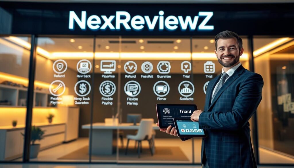 A modern, sleek storefront with the NexReviewZ logo prominently displayed. In the foreground, a well-dressed businessperson stands confidently, holding a tablet displaying various "Refund" and "Trial" options. The middle ground features an array of icons and graphics representing money-back guarantees, flexible payment plans, and satisfaction assurances. The background showcases a minimalist, high-tech office setting with clean lines, warm lighting, and a sense of professionalism and trust. The overall atmosphere conveys a message of reliability, transparency, and a commitment to customer satisfaction for small business owners. A modern, sleek storefront with the NexReviewZ logo prominently displayed. In the foreground, a well-dressed businessperson stands confidently, holding a tablet displaying various "Refund" and "Trial" options. The middle ground features an array of icons and graphics representing money-back guarantees, flexible payment plans, and satisfaction assurances. The background showcases a minimalist, high-tech office setting with clean lines, warm lighting, and a sense of professionalism and trust. The overall atmosphere conveys a message of reliability, transparency, and a commitment to customer satisfaction for small business owners.