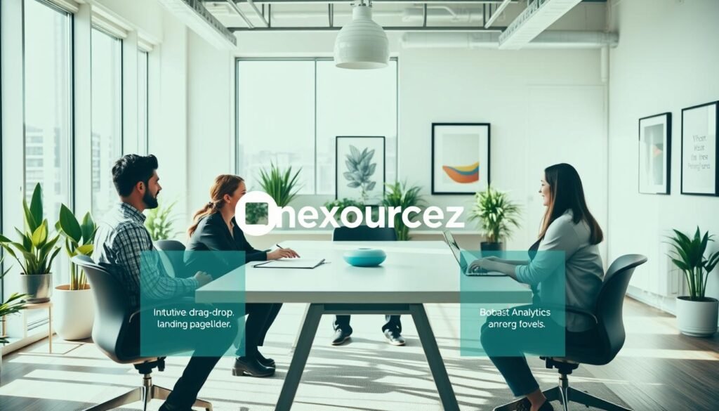 A modern small business office, filled with bright natural light streaming through large windows. At the center, the NexReviewZ suite of Unbounce features takes center stage - intuitive drag-and-drop landing page builder, AI-powered lead capture forms, and robust analytics dashboard. Employees collaborate around a sleek conference table, discussing how these powerful tools streamline their marketing and sales workflows. In the background, a row of potted plants and framed inspirational artwork add a touch of warmth and personality. The overall mood is one of focused productivity and entrepreneurial optimism.