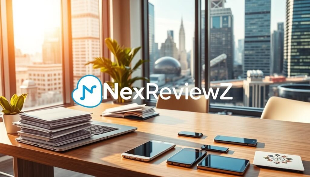 A modern small business office, flooded with warm natural light from large windows. On the desk, a sleek laptop and a stack of files, symbolizing efficient workflow. In the foreground, a stylized "NexReviewZ" logo stands out, representing a trusted brand for hosting solutions. The middle ground showcases various digital devices, from smartphones to tablets, hinting at the versatility of the hosting plan. The background depicts a bustling cityscape, alluding to the dynamic environment in which the small business thrives. The overall scene conveys a sense of professionalism, productivity, and the perfect fit for a small business's hosting needs.