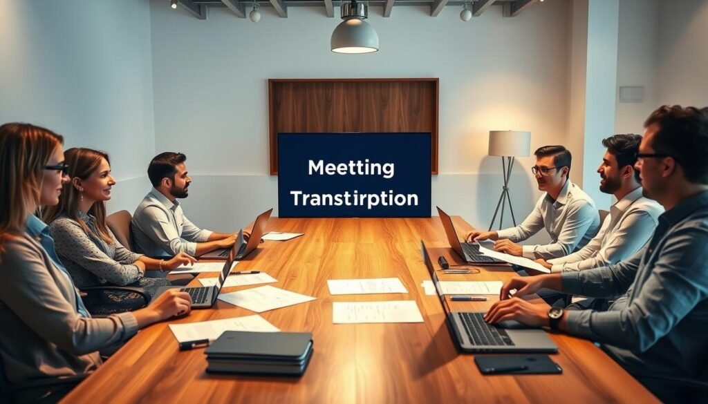 A modern, well-lit office setting with a wooden table at the center, occupied by a group of professionals engaged in an animated meeting. The table is covered with various documents, laptops, and a central digital display showcasing meeting transcription. Warm lighting illuminates the scene, creating a productive and collaborative atmosphere. In the background, clean white walls and minimal decor suggest a sleek, professional environment. The overall composition emphasizes the importance of effective meeting transcription in a team-oriented business setting. A modern, well-lit office setting with a wooden table at the center, occupied by a group of professionals engaged in an animated meeting. The table is covered with various documents, laptops, and a central digital display showcasing meeting transcription. Warm lighting illuminates the scene, creating a productive and collaborative atmosphere. In the background, clean white walls and minimal decor suggest a sleek, professional environment. The overall composition emphasizes the importance of effective meeting transcription in a team-oriented business setting.