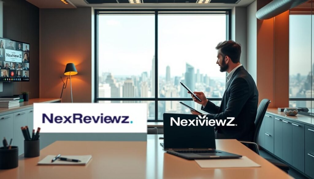 A modern, well-lit office space, with a sleek desk and a prominently displayed NexReviewZ logo. In the foreground, a laptop and various office supplies suggest a productive workspace. The middle ground features a professional-looking person, dressed in business attire, engaged in a video conference call. The background showcases a panoramic view of a bustling city skyline, conveying a sense of connectivity and opportunity. The lighting is warm and inviting, creating a welcoming atmosphere for small business owners seeking a reliable hosting solution.