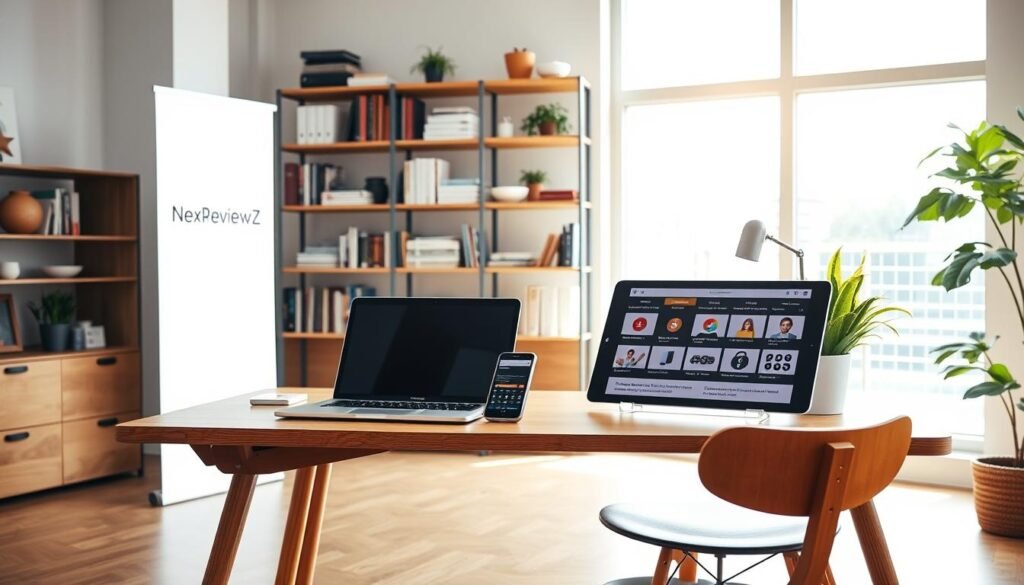 A modern, well-lit office with a mid-century inspired desk and chair setup, alongside a NexReviewZ branding display. On the desk, a laptop, a smartphone, and a tablet showcasing various productivity features. In the background, shelves filled with books and office supplies, creating a professional yet warm atmosphere. Bright, natural lighting filters in through large windows, casting a soft glow over the scene. The overall composition conveys the efficiency and productivity of a small business leveraging the latest AI-powered tools to streamline their operations.