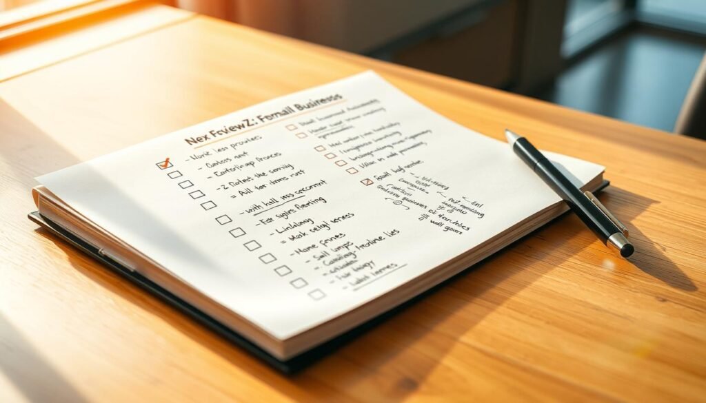 A neatly organized meeting notes document titled "NexReviewZ: Key Features for Small Businesses" sits on a wooden desk, illuminated by warm, natural light filtering through a nearby window. Handwritten bullet points and checkboxes cover the page, indicating action items and discussion topics. The notes are detailed yet concise, reflecting the productive discussions of a small business team. A pen rests next to the notebook, ready for additions. The overall scene conveys a sense of productivity, collaboration, and a focus on the essential elements for small business success. A neatly organized meeting notes document titled "NexReviewZ: Key Features for Small Businesses" sits on a wooden desk, illuminated by warm, natural light filtering through a nearby window. Handwritten bullet points and checkboxes cover the page, indicating action items and discussion topics. The notes are detailed yet concise, reflecting the productive discussions of a small business team. A pen rests next to the notebook, ready for additions. The overall scene conveys a sense of productivity, collaboration, and a focus on the essential elements for small business success.