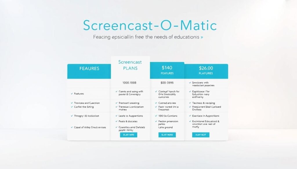 A neatly organized pricing table showcasing the various plans and features of Screencast-O-Matic, specifically tailored for the needs of educators. The table is set against a clean, minimalist background, with soft, even lighting highlighting the key details. The foreground features the plan names, pricing, and feature highlights, while the background subtly conveys a sense of professionalism and reliability. The overall atmosphere is one of clarity, simplicity, and a focus on providing valuable information to the viewer.