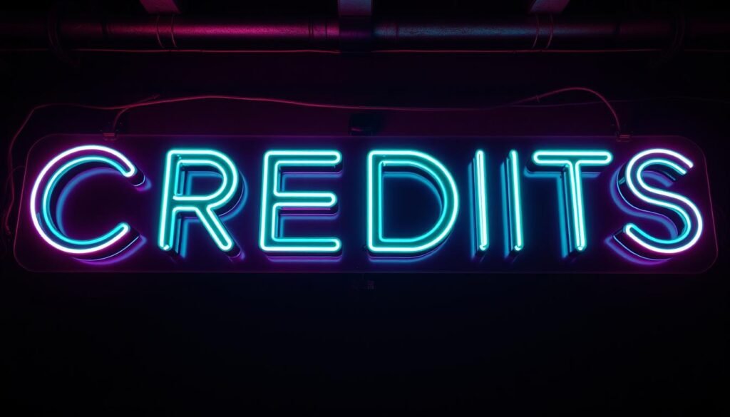 A neon sign in the style of the NexReviewZ brand, with the word "CREDITS" illuminated in a vibrant, futuristic font. The sign is mounted on a dark, industrial-style backdrop, with beams of light shining through the letters. The lighting is moody and atmospheric, casting dramatic shadows and highlights. The overall mood is one of modern, high-tech minimalism, hinting at the "known limits and who should look elsewhere" section of the article.