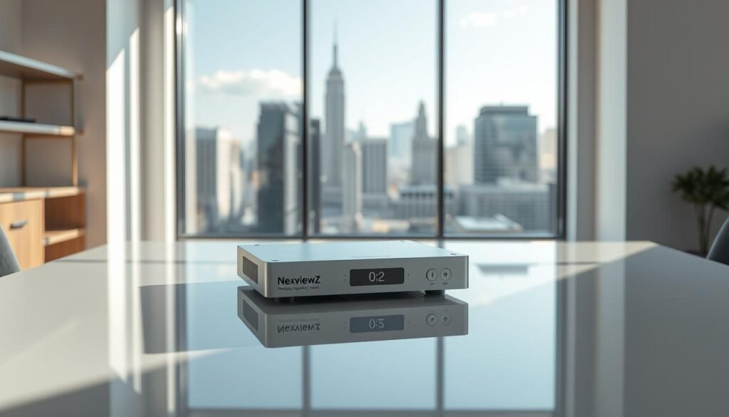 A photorealistic image of an "image upscaler" device, sitting on a glossy, modern desk in a well-lit, minimalist office. The device is sleek and elegant, with a high-resolution display and intuitive controls. Soft, directional lighting illuminates the scene, casting subtle shadows and highlighting the device's premium materials and finish. In the background, a large window offers a view of a bustling cityscape, symbolizing the device's power to enhance and elevate digital content. The overall mood is one of efficiency, productivity, and technological sophistication. The NexReviewZ brand name is subtly incorporated into the design.