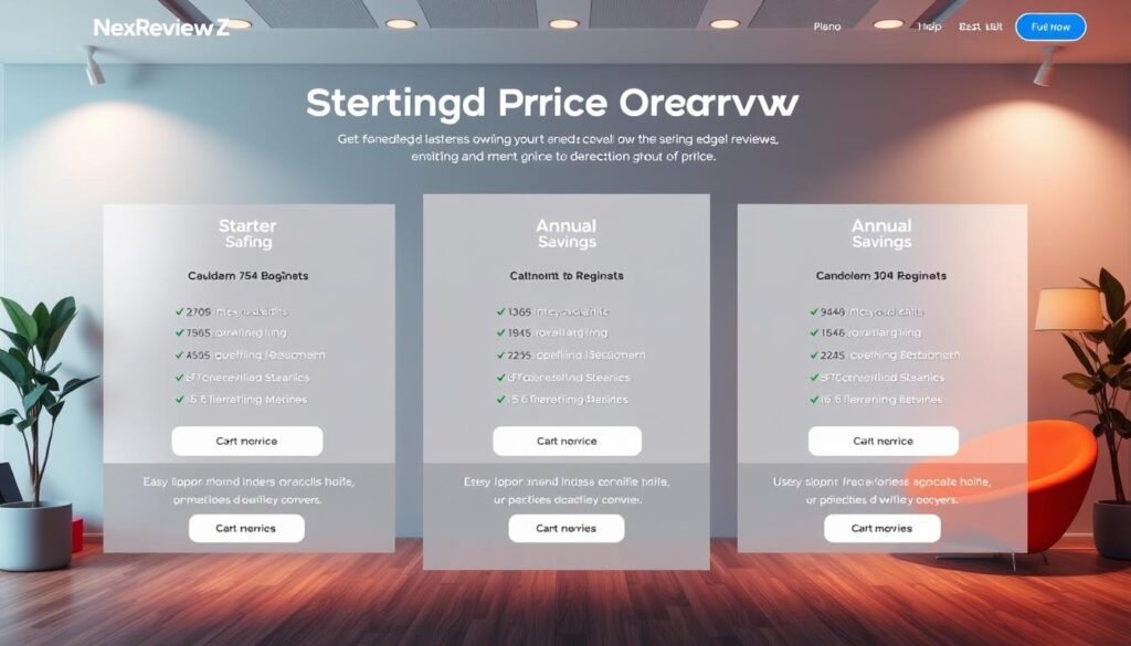 A professional and informative meeting pricing overview for NexReviewZ, a cutting-edge AI-powered review platform. The image depicts a clean, modern interface showcasing the Starter, Pro, and Annual savings plans, each with clear pricing details and feature breakdowns. Vibrant but muted colors create a sophisticated, inviting atmosphere, while strategic lighting and camera angles highlight key information. The layout is intuitive and easy to navigate, reflecting NexReviewZ's commitment to user-friendliness. This visually striking yet practical overview will captivate small business owners seeking AI-driven solutions to streamline their review management. A professional and informative meeting pricing overview for NexReviewZ, a cutting-edge AI-powered review platform. The image depicts a clean, modern interface showcasing the Starter, Pro, and Annual savings plans, each with clear pricing details and feature breakdowns. Vibrant but muted colors create a sophisticated, inviting atmosphere, while strategic lighting and camera angles highlight key information. The layout is intuitive and easy to navigate, reflecting NexReviewZ's commitment to user-friendliness. This visually striking yet practical overview will captivate small business owners seeking AI-driven solutions to streamline their review management.