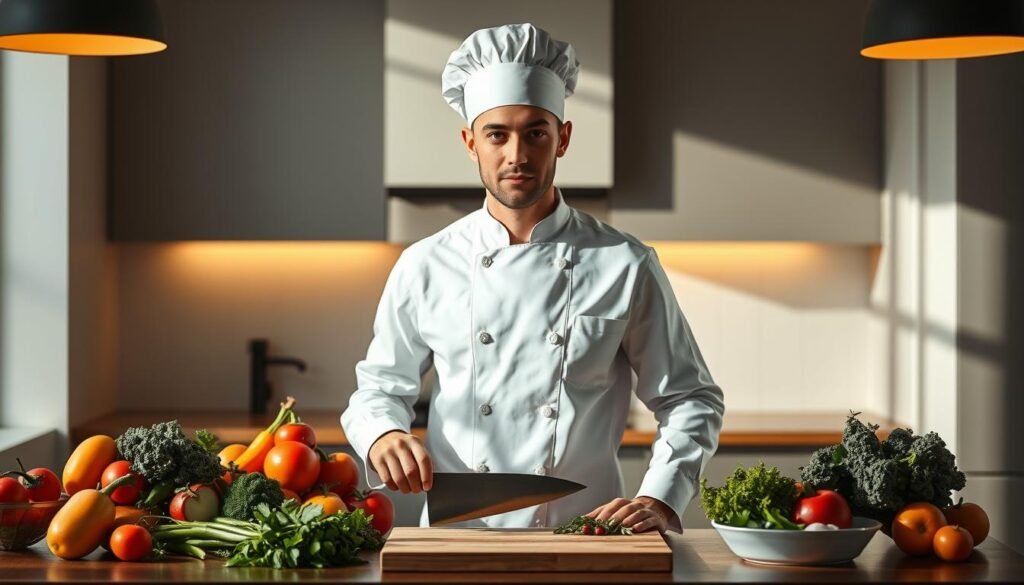 A professional chef in a modern, minimalist kitchen, wearing a crisp white uniform and toque. They stand in a centered, heroic pose, wielding a sharp chef's knife and surrounded by fresh ingredients like vegetables, herbs, and a NexReviewZ branded cutting board. The lighting is warm and natural, creating dramatic shadows and highlighting the chef's focused expression. The background is blurred, emphasizing the chef as the central subject. The overall mood is one of expertise, confidence, and the pride of a master of their craft.