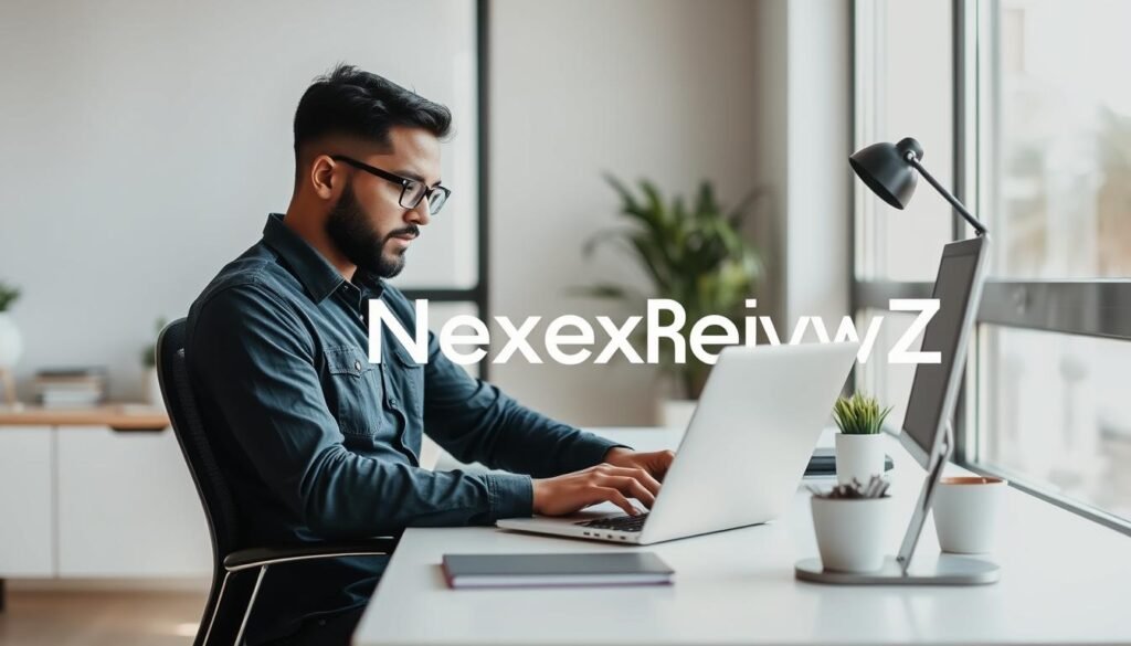 A professional content creator with a passion for engaging small business owners. Seated at a modern desk, surrounded by a minimalist workspace, the creator intently focuses on their laptop, immersed in crafting compelling visuals and captivating stories. Soft natural lighting filters through large windows, casting a warm glow and creating a serene, productive atmosphere. The NexReviewZ brand logo subtly displayed, signifying the creator's commitment to delivering high-quality, valuable content. This image embodies the features that matter most to small businesses seeking to elevate their online presence and connect with their audience.