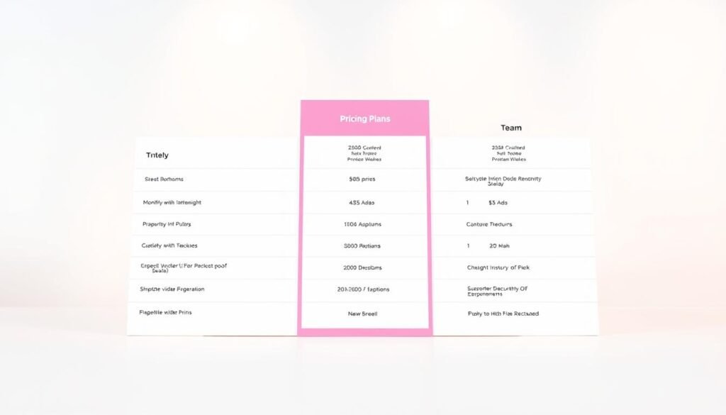 A professional, detailed photograph of a pricing plans table for the video creation platform InVideo. The table is displayed on a clean, white background, with a warm, soft lighting setup to create a pleasant and inviting atmosphere. The table showcases the monthly, annual, and team pricing options for InVideo, presented in a clear, organized manner. The layout is visually appealing, with well-defined columns and rows, highlighting the key features and costs for each plan. The image conveys a sense of professionalism and trustworthiness, suitable for use in a small business article on InVideo's pricing.