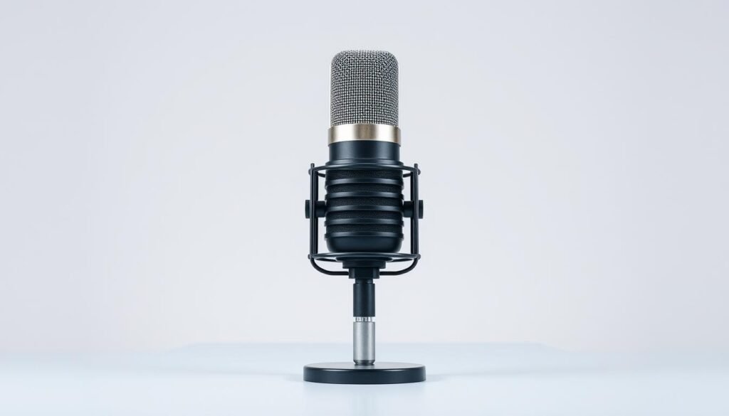 A professional-grade studio microphone with a high-quality vocal separation algorithm, showcased against a clean, minimalist backdrop. Precise focus on the microphone, with soft, directional lighting accentuating its sleek design. The microphone stands atop a smooth, reflective surface, creating a sense of depth and dimension. The overall atmosphere is one of technological sophistication and audio fidelity, perfectly suited to illustrate the capabilities of a powerful vocal remover tool.