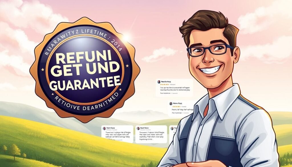 A professional, hand-painted illustration showcasing a trustworthy "Refund Guarantee" for the NexReviewZ lifetime deal. In the foreground, a confident business owner extends their hand, offering a warm handshake and a reassuring smile. Behind them, a gleaming seal of approval radiates, symbolizing the reliability and peace of mind that NexReviewZ provides. In the middle ground, an array of positive customer reviews and testimonials are neatly arranged, conveying the brand's commitment to satisfaction. The background features a soft, dreamlike landscape with a serene, calming atmosphere, evoking a sense of security and trust. Warm, natural lighting illuminates the scene, creating a welcoming and inviting ambiance. A professional, hand-painted illustration showcasing a trustworthy "Refund Guarantee" for the NexReviewZ lifetime deal. In the foreground, a confident business owner extends their hand, offering a warm handshake and a reassuring smile. Behind them, a gleaming seal of approval radiates, symbolizing the reliability and peace of mind that NexReviewZ provides. In the middle ground, an array of positive customer reviews and testimonials are neatly arranged, conveying the brand's commitment to satisfaction. The background features a soft, dreamlike landscape with a serene, calming atmosphere, evoking a sense of security and trust. Warm, natural lighting illuminates the scene, creating a welcoming and inviting ambiance.