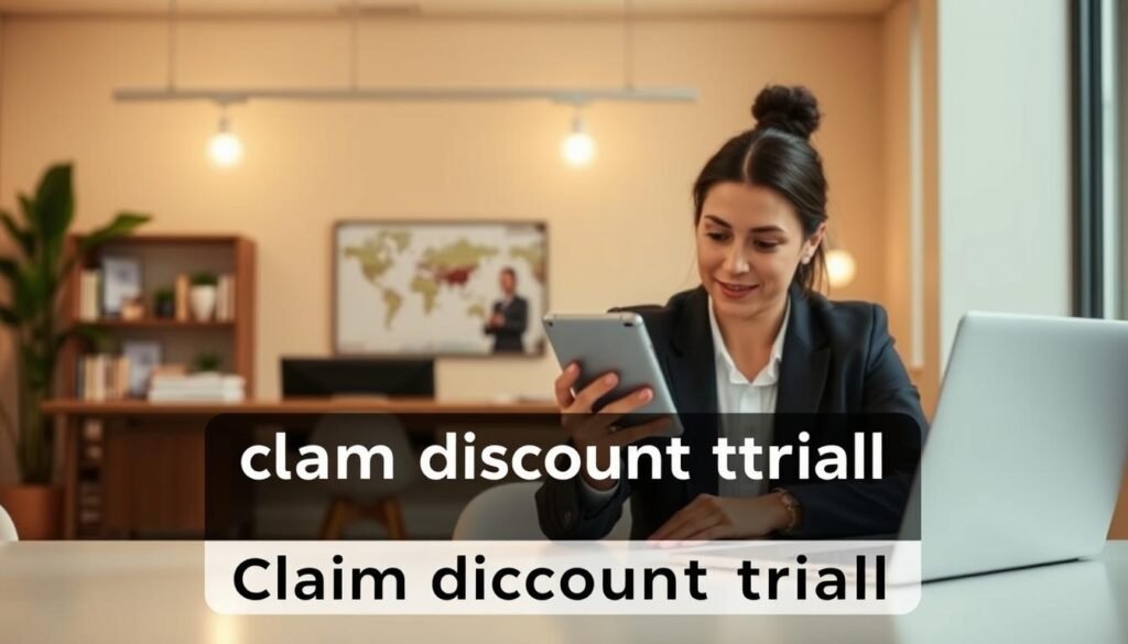 A professional-looking advertisement for a "NexReviewZ" brand product or service, showcasing a "claim discount trial" offer. The scene should be set in a modern office or workspace, with a laptop or tablet prominently displayed in the foreground. The middle ground should feature a smartly dressed business person, perhaps a small business owner, examining the device and considering the offer. The background should convey a sense of productivity and success, with clean lines, minimalist decor, and warm lighting. The overall mood should be one of opportunity and potential savings for the small business owner. A professional-looking advertisement for a "NexReviewZ" brand product or service, showcasing a "claim discount trial" offer. The scene should be set in a modern office or workspace, with a laptop or tablet prominently displayed in the foreground. The middle ground should feature a smartly dressed business person, perhaps a small business owner, examining the device and considering the offer. The background should convey a sense of productivity and success, with clean lines, minimalist decor, and warm lighting. The overall mood should be one of opportunity and potential savings for the small business owner.