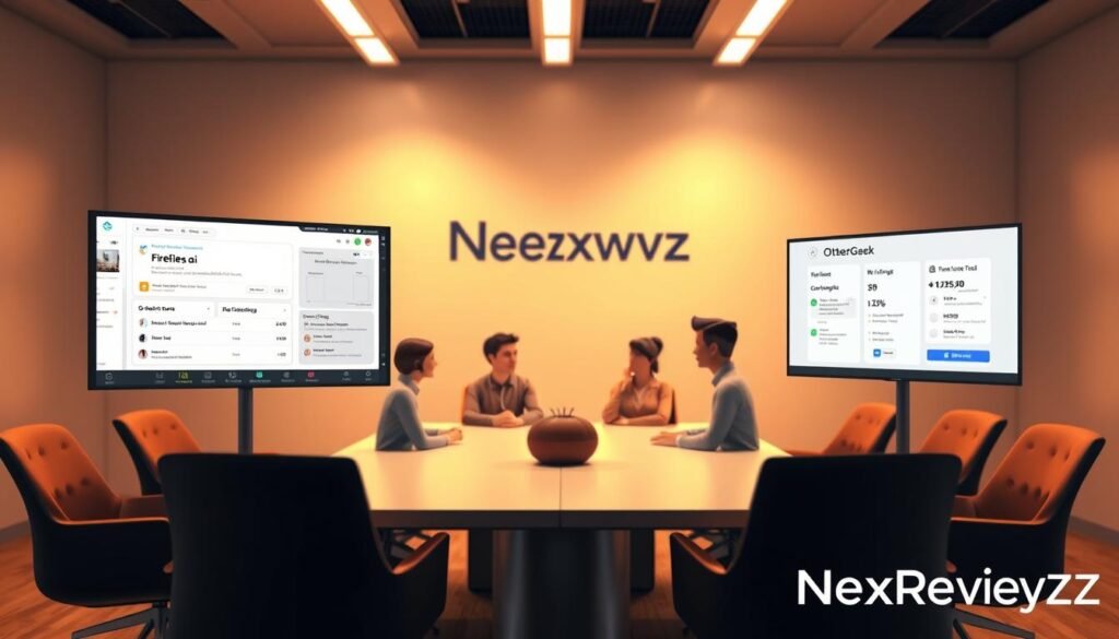 A professional meeting transcription comparison scene unfolds against a NexReviewZ backdrop. In the foreground, a side-by-side display showcases the user interfaces of Fireflies.ai and its competitors, Otter.ai and MeetGeek, captured in crisp detail under warm, directional lighting. The middle ground features a virtual conference table, where animated avatars of small business owners discuss the features and pricing of the transcription tools. In the background, a sleek, minimalist office setting provides a clean, modern context. The overall atmosphere conveys a sense of informed decision-making, with the NexReviewZ brand subtly integrated to position the comparison as a valuable resource for potential customers. A professional meeting transcription comparison scene unfolds against a NexReviewZ backdrop. In the foreground, a side-by-side display showcases the user interfaces of Fireflies.ai and its competitors, Otter.ai and MeetGeek, captured in crisp detail under warm, directional lighting. The middle ground features a virtual conference table, where animated avatars of small business owners discuss the features and pricing of the transcription tools. In the background, a sleek, minimalist office setting provides a clean, modern context. The overall atmosphere conveys a sense of informed decision-making, with the NexReviewZ brand subtly integrated to position the comparison as a valuable resource for potential customers.