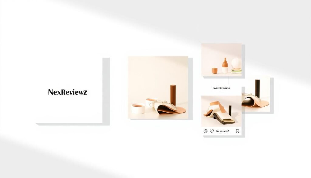 A professional, minimalist design for social media templates and captions. Crisp, clean layout with the NexReviewZ brand logo prominently featured. Simple geometric shapes, warm lighting, and a neutral color palette create a modern, elevated aesthetic. The templates showcase a variety of content formats - square, landscape, and portrait - to suit small business needs. Subtle textures and subtle gradients add depth and visual interest. The captions highlight key small-business features that save time and budget, aligning with the article's subject matter.