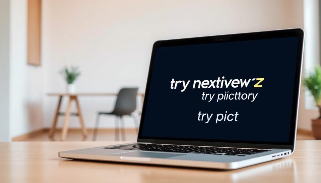 A professional, modern-looking image showcasing the NexReviewZ "try pictory" free trial offer. Prominent in the foreground is a sleek laptop or tablet device displaying the NexReviewZ logo and "try pictory" branding. Subtle lighting highlights the device's clean lines and premium materials. The middle ground features a minimalist office setting, with a simple desk, chair, and potted plant providing a sense of context. The background is a softly blurred, warm-toned interior, conveying a welcoming, productive atmosphere. The overall composition and styling evoke a sense of accessibility, reliability, and value for small business owners considering the NexReviewZ "try pictory" free trial.